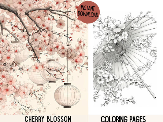 Flor de cerezo para colorear, libro para colorear japonés, Sakura para colorear, página para colorear de flor de cerezo, árbol de cerezo en flor, páginas para colorear para adultos