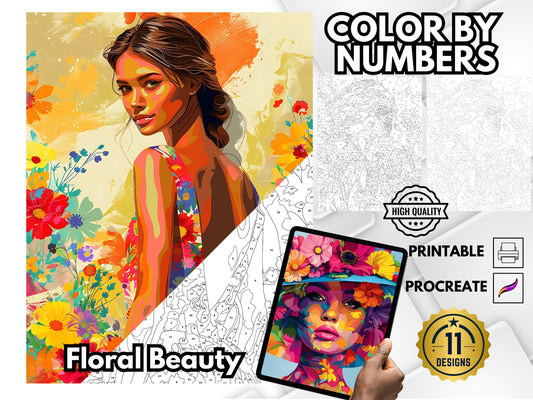 Páginas florales para colorear por números para adultos, mujeres y flores, colorear por números relajante, páginas imprimibles para calmar, colorear por números fácil