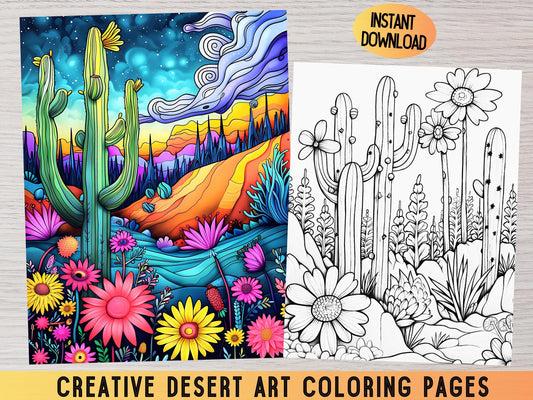 Páginas para colorear del desierto: hojas para colorear de cactus, paisajes del desierto para colorear, libro para colorear de puestas de sol en el desierto, arte del desierto zentangle, dibujos para colorear para adultos