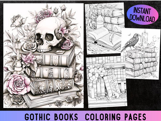 Páginas para colorear de libros góticos, páginas para colorear de libros, páginas para colorear mágicas, páginas para colorear de fantasía, páginas para colorear para adultos, páginas para colorear de calaveras, páginas para colorear góticas