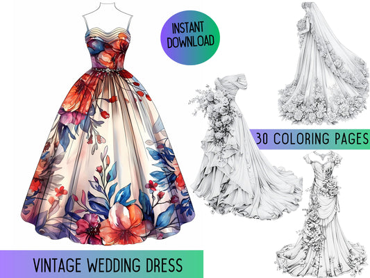 Libro para colorear de vestidos de novia, Páginas para colorear de vestidos de flores, Páginas para colorear de vestidos, Coloración en escala de grises, Libro para colorear para adultos, Pdf, Vestido vintage
