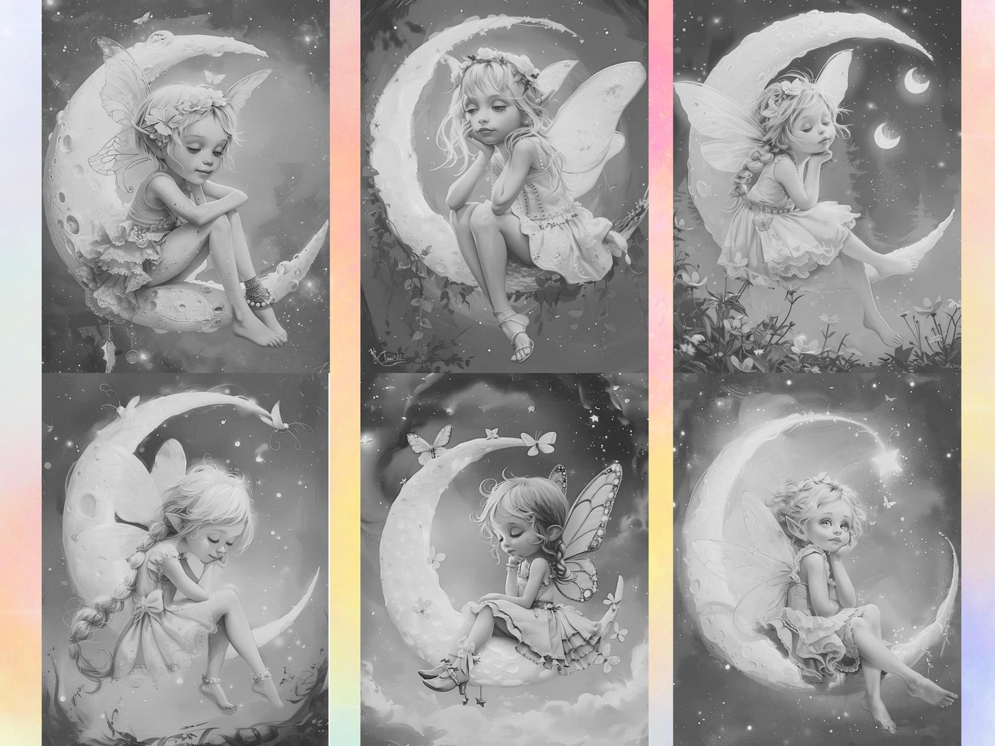 Hada de la luna, Coloración en escala de grises, Hadas de fantasía, Libro para colorear de hadas, Páginas para colorear de hadas, Pequeña hada linda, Libro para colorear de hadas