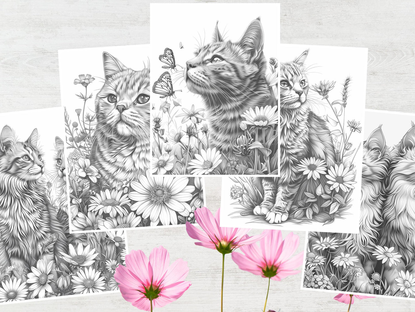 Página para colorear de gatos, páginas para colorear de gatos para imprimir, páginas para colorear de gatos para adultos, gatos y plantas, páginas para colorear de gatos
