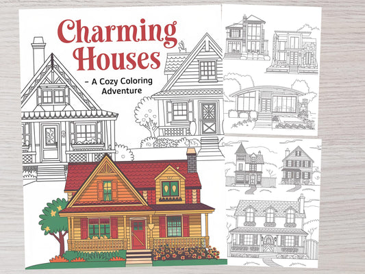 Dibujos de casas para colorear, dibujos acogedores para colorear, imprimibles y digitales, para aliviar el estrés, para adultos, para colorear el hogar