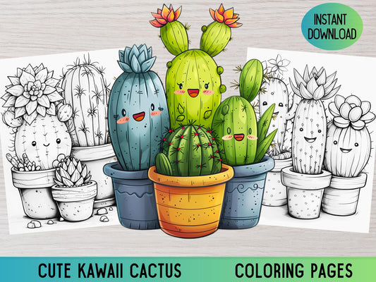 Lindas Páginas Para Colorear Kawaii, Páginas Para Colorear Imprimibles Kawaii, Libro Para Colorear, Impresiones Digitales, Descarga Digital, Cactus Kawaii, Página Kawaii Pdf
