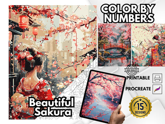 Colorear japonés por números, Colorear por números para adultos, Colorear Sakura, Colorear flor de cerezo, Libro para colorear geisha, Pintar por números