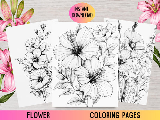 Páginas para colorear florales para adultos, Libro para colorear flores para adultos, Páginas para colorear de flores imprimibles, Páginas para colorear de flores realistas, Pdf