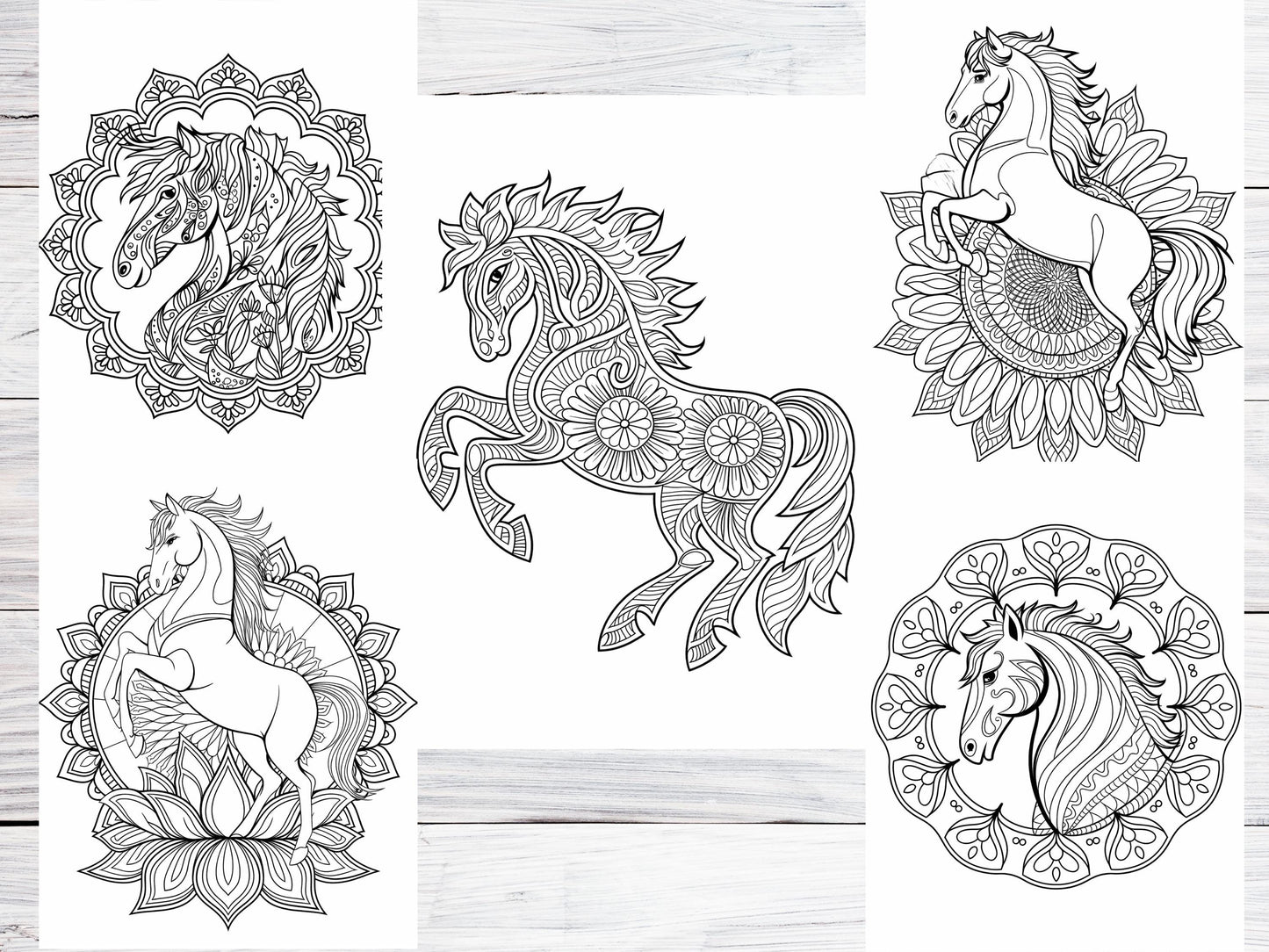 Dibujos de caballos para colorear, dibujos de caballos para imprimir, dibujos de caballos para colorear para adultos, diseños intrincados, mandalas de caballos, libros para colorear de caballos, páginas relajantes