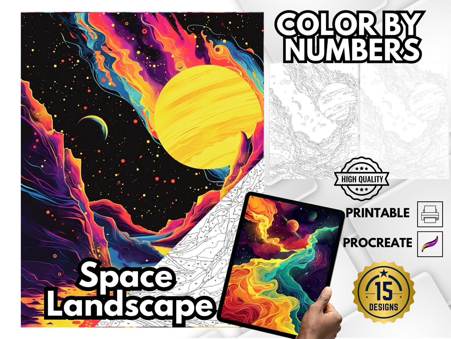 Colorear por números para adultos, páginas para colorear del espacio, galaxias y paisajes imprimibles en PDF y PNG, libro para colorear digital de descarga instantánea