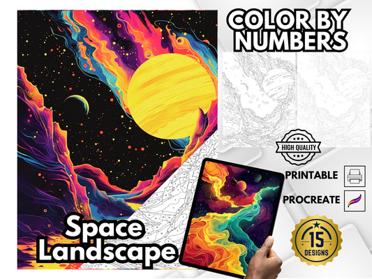 Colorear por números para adultos, páginas para colorear del espacio, galaxias y paisajes imprimibles en PDF y PNG, libro para colorear digital de descarga instantánea