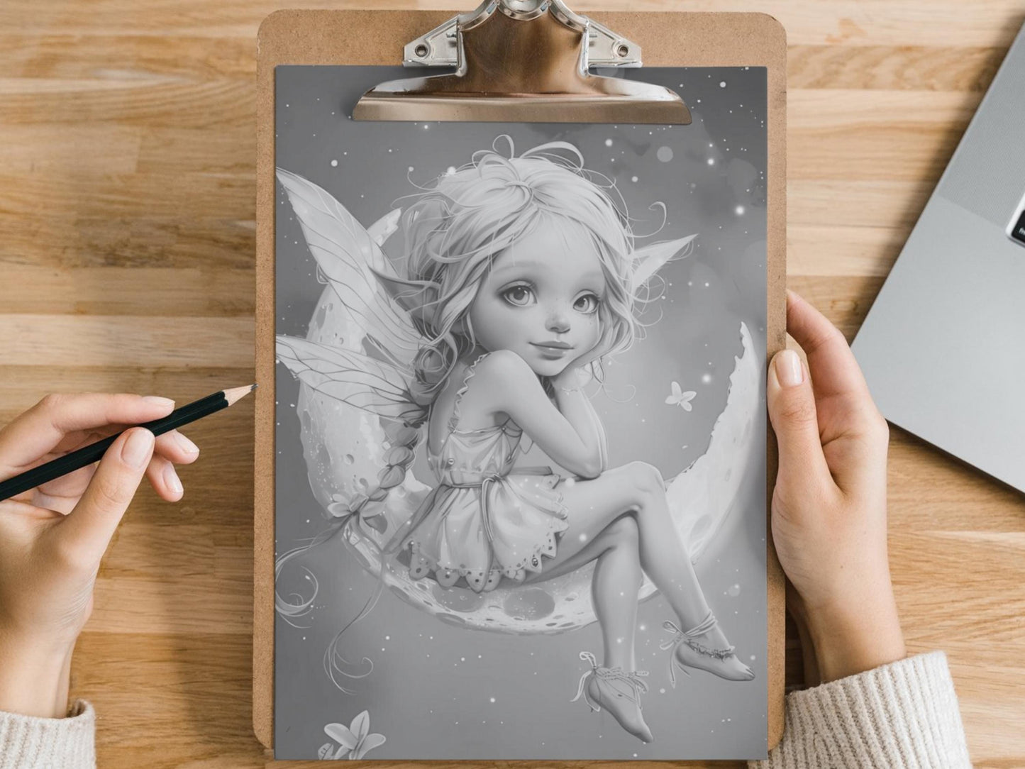 Hada de la luna, Coloración en escala de grises, Hadas de fantasía, Libro para colorear de hadas, Páginas para colorear de hadas, Pequeña hada linda, Libro para colorear de hadas