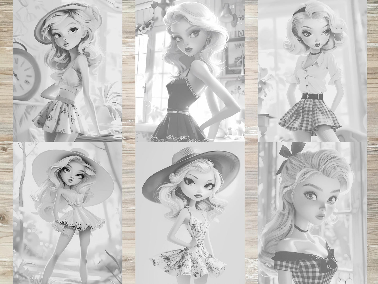 Libro para colorear de chicas de moda, páginas para colorear de moda para adultos, libro para colorear de moda para adultos, chicas de moda de los años 50, modelo de los años 50 para colorear, escala de grises