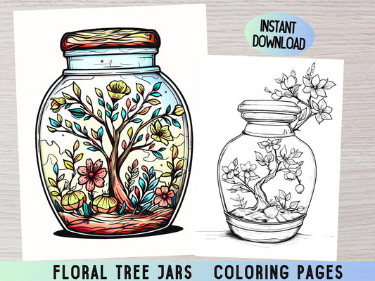 Páginas para colorear de árboles florales en frascos / Libro de colorear acogedor para adultos / Dibujos para colorear de árboles imprimibles / Páginas para colorear de flores llamativas y fáciles