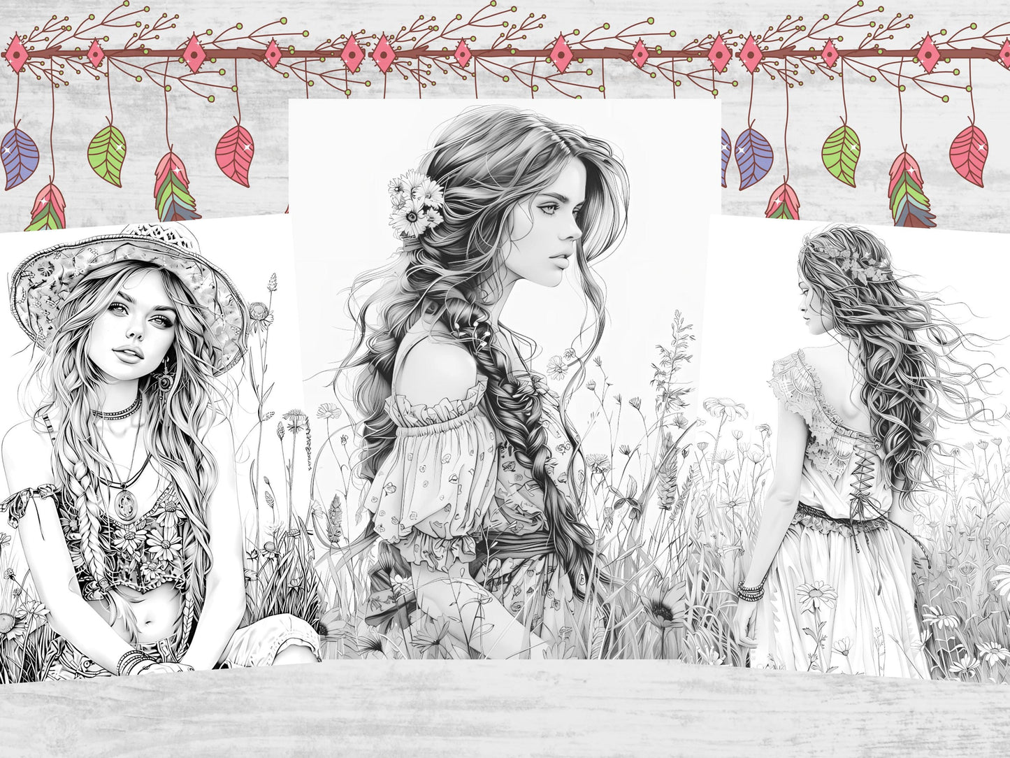 Páginas para colorear de hermosas chicas boho, moda boho, páginas para colorear de mujeres, dibujos para colorear para adultos, bellezas para colorear, chicas boho, pdf