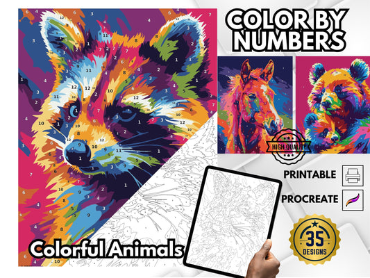 Dibujos de animales para colorear por números, libro para colorear imprimible para adultos y niños, ilustraciones relajantes de animales, descarga digital