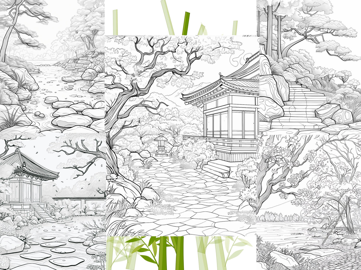 Páginas para colorear de jardines japoneses - Diseños de flores de cerezo - Libro para colorear de Sakura para adultos - Páginas para colorear relajantes e imprimibles