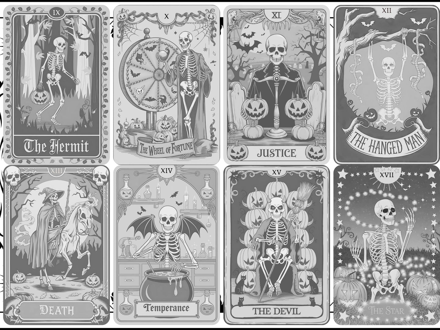 Dibujos para colorear de Halloween, Tarot, Escala de grises, Calabazas para colorear, Halloween para adultos, Esqueletos para colorear, Tarot de Halloween