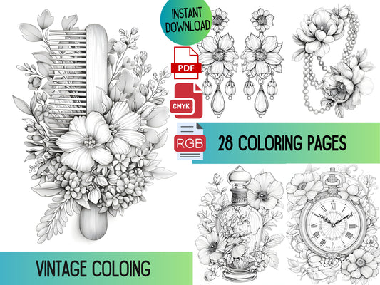 Dibujos para colorear de flores antiguas: Joyas y perfumes antiguos (Descarga PDF)