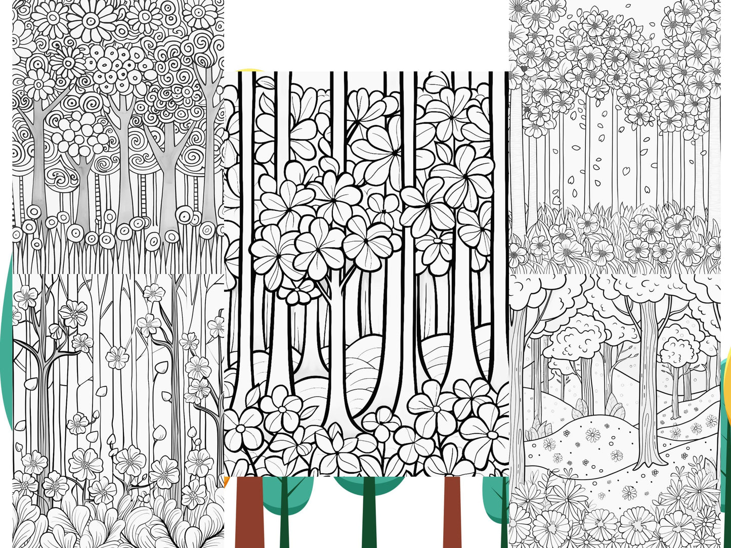 Páginas para colorear de bosques / Patrones de árboles imprimibles y diseños de bosques mágicos / Hojas para colorear con motivos florales y geométricos para adultos y niños