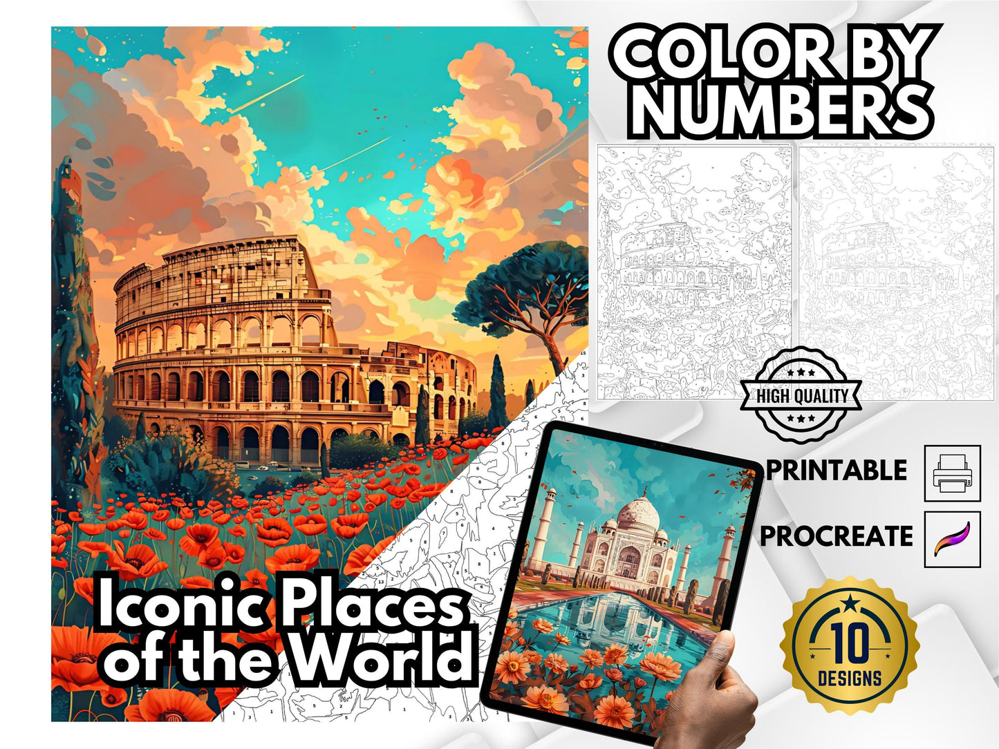 Libro para colorear paisajes por números, dibujos relajantes para adultos, colorear por números fácil, pósteres de viajes, arte de lugares emblemáticos del mundo