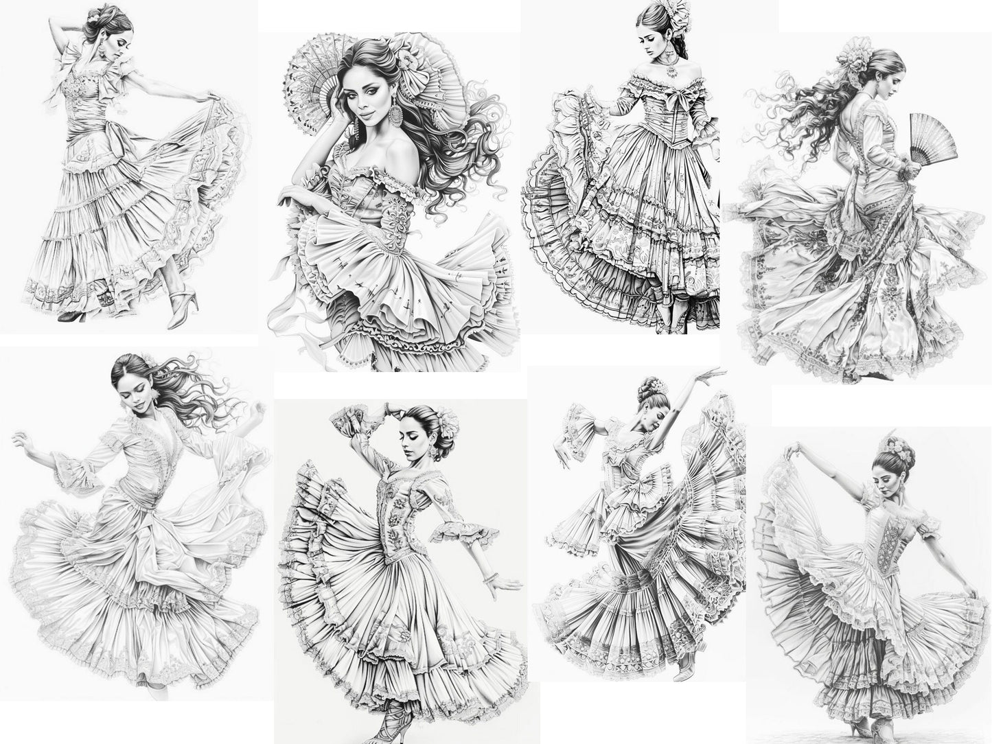 Bailarina de flamenco, Coloración de bailarina, Expresión creativa, Color en escala de grises, Bailarinas vibrantes, Coloración para adultos, Libro para colorear de danza, Bailarina española