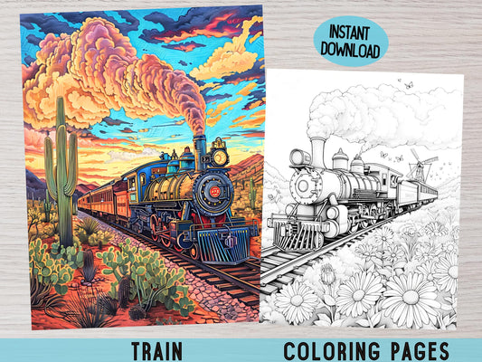 Páginas para colorear de trenes, libro para colorear de trenes, locomotoras para colorear, hojas para colorear de trenes, imprimibles para colorear de trenes, páginas para colorear para adultos