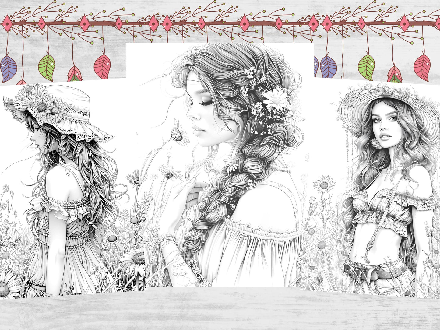 Páginas para colorear de hermosas chicas boho, moda boho, páginas para colorear de mujeres, dibujos para colorear para adultos, bellezas para colorear, chicas boho, pdf