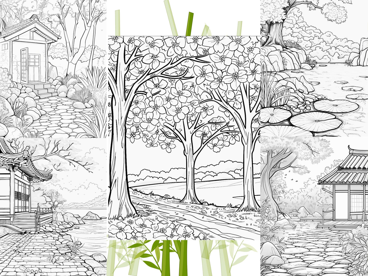 Páginas para colorear de jardines japoneses - Diseños de flores de cerezo - Libro para colorear de Sakura para adultos - Páginas para colorear relajantes e imprimibles