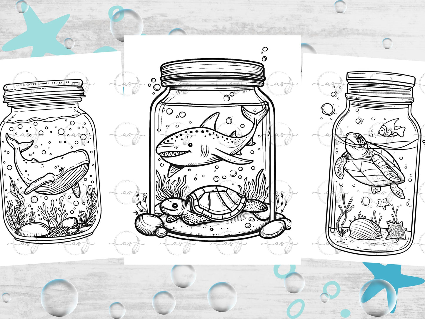 Dibujos para colorear bajo el agua / Animales marinos en frascos / Hojas para colorear bajo el agua para imprimir / Lindas escenas submarinas, dibujos para colorear atrevidos y fáciles