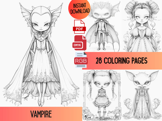 Páginas para colorear de vampiros, Páginas para colorear de vampiros para adultos, Coloración de fantasía/Coloración de vampiros/Coloración gótica/Libro para colorear para adultos/Coloración digital
