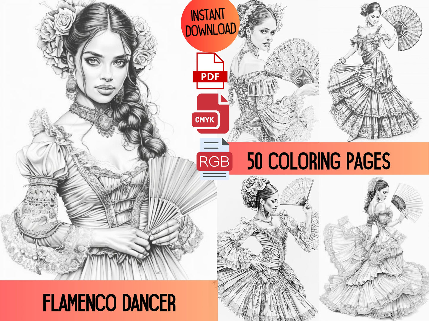 Bailarina de flamenco, Coloración de bailarina, Expresión creativa, Color en escala de grises, Bailarinas vibrantes, Coloración para adultos, Libro para colorear de danza, Bailarina española