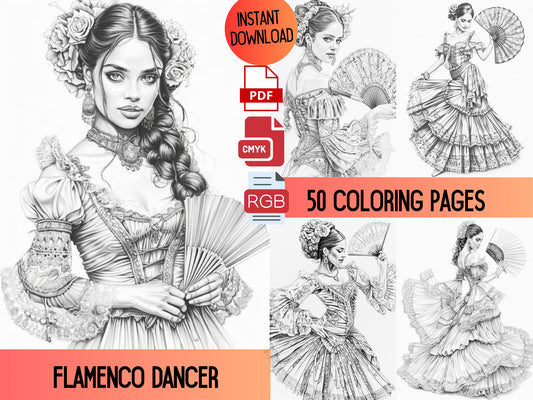 Bailarina de flamenco, Coloración de bailarina, Expresión creativa, Color en escala de grises, Bailarinas vibrantes, Coloración para adultos, Libro para colorear de danza, Bailarina española