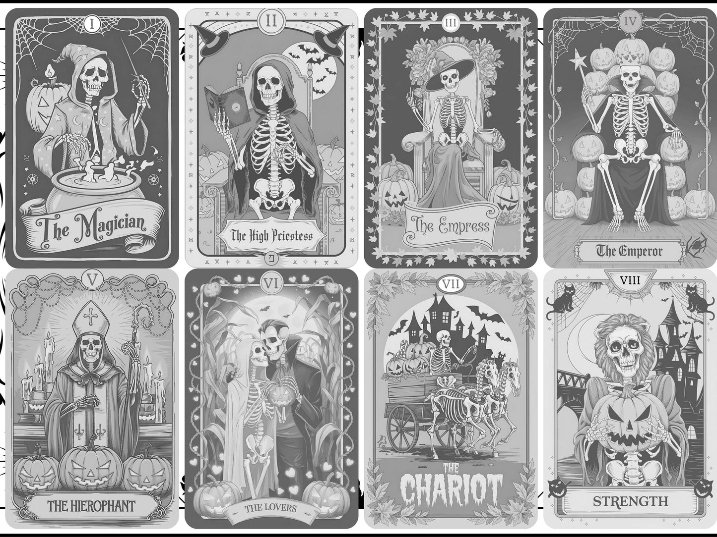 Dibujos para colorear de Halloween, Tarot, Escala de grises, Calabazas para colorear, Halloween para adultos, Esqueletos para colorear, Tarot de Halloween