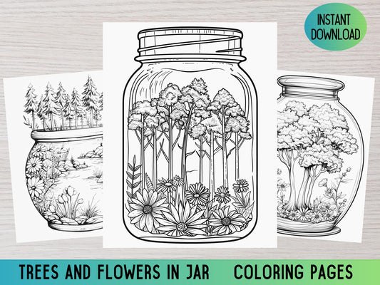 Páginas para colorear del bosque, Páginas para colorear de flores del bosque, Colorear en frasco, Páginas para colorear para adultos, Colorear árboles, Colorear fantasía, Colorear