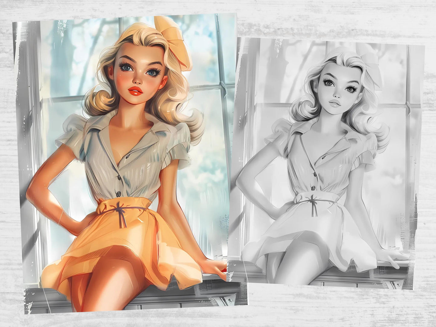 Libro para colorear de chicas de moda, páginas para colorear de moda para adultos, libro para colorear de moda para adultos, chicas de moda de los años 50, modelo de los años 50 para colorear, escala de grises